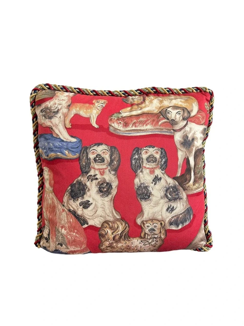 Vintage Staffordshire Dog Print Accent Pillow Red